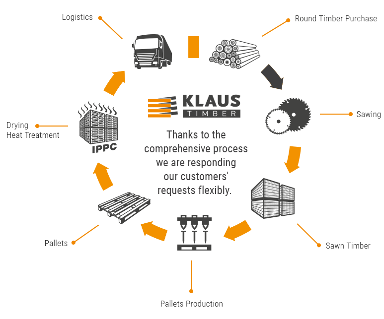 Comprehensive production process of KLAUS Timber a. s. company - timber purchasing, pallet production, quality control and transport services